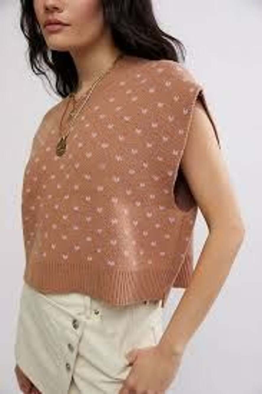 Free People Sweater Vest Size M Camel V-Neck Polka Dot
